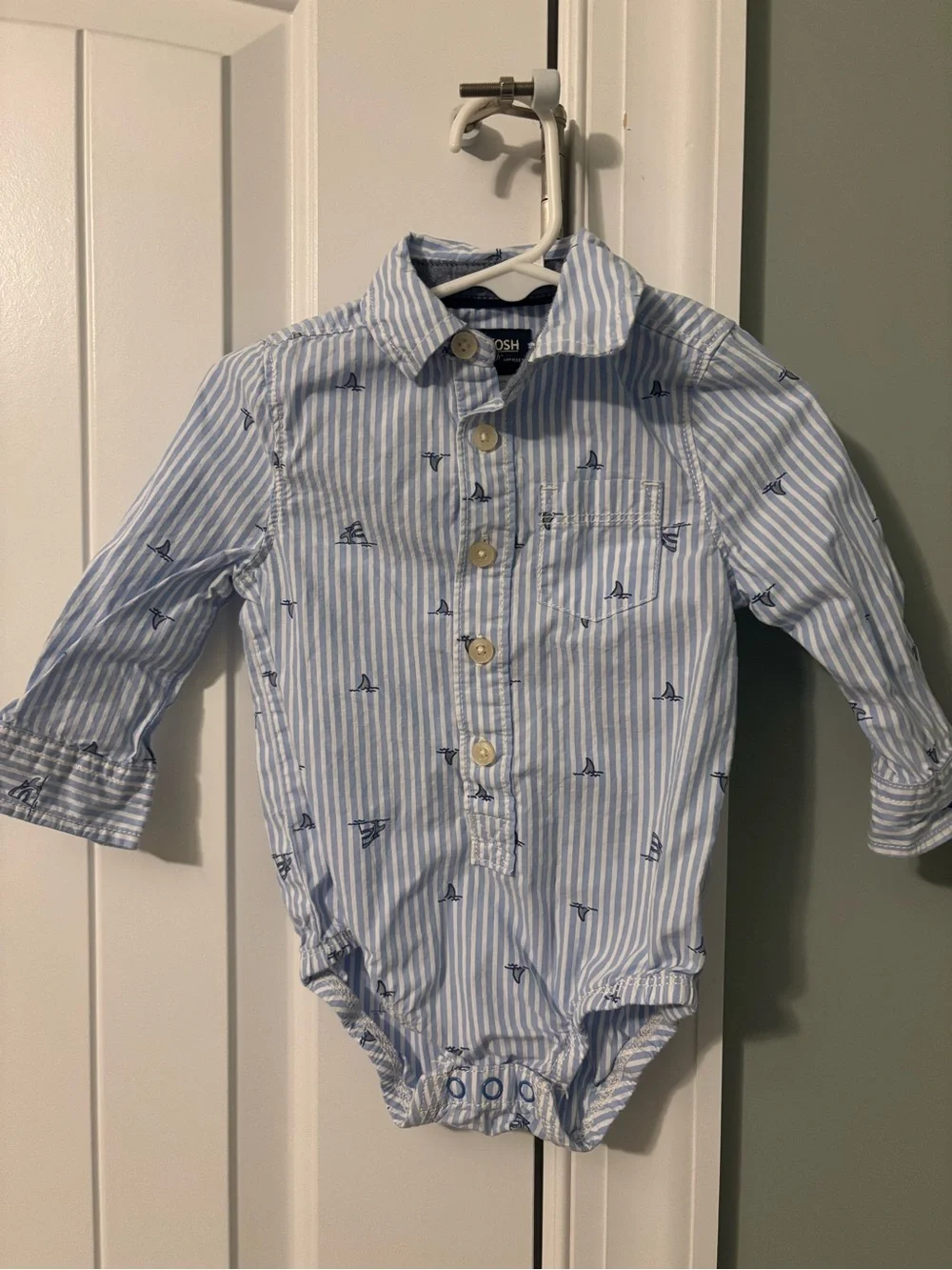OshKosh B'gosh Light Blue & White Striped Shark Bodysuit